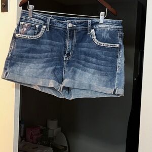 Grace Blue Denim Cuffed Jean Shorts with Embellished Pockets